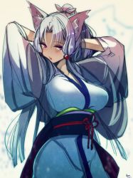 Rule 34 | 1girl, animal ears, arms behind head, at2., blush, breasts, highres, japanese clothes, kimono, large breasts, long hair, parted lips, ponytail, purple eyes, solo, teeth, white hair