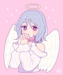 Rule 34 | 1girl, absurdres, angel, angel wings, blush, bright pupils, choker, clothing cutout, emma (kumaema), feathered wings, grey hair, halo, highres, long sleeves, looking at viewer, medium hair, original, own hands together, pink background, purple eyes, shirt, shoulder cutout, signature, simple background, solo, sparkle, white pupils, white shirt, white wings, wings