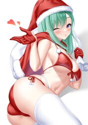 Rule 34 | 1girl, alternate costume, ass, bare arms, bare shoulders, bikini, breasts, capelet, cleavage, front-tie top, fur-trimmed capelet, fur-trimmed headwear, fur trim, gloves, green hair, hands up, hat, heart, highres, hisame shiki, holding, holding sack, long hair, looking at viewer, lying, medium breasts, mole, mole on breast, multi-strapped bikini bottom, navel, on side, one eye closed, parted lips, purple eyes, red bikini, red capelet, red gloves, red hat, sack, santa bikini, santa hat, side-tie bikini bottom, simple background, skindentation, solo, stomach, strap gap, string bikini, swimsuit, thighhighs, thighs, virtual youtuber, vspo!, white background, white thighhighs, yakumo beni