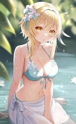 Rule 34 | 1girl, bare shoulders, bikini, blonde hair, blush, breasts, cleavage, feather hair ornament, feathers, flower, genshin impact, hair flower, hair ornament, highres, large breasts, looking at viewer, lumine (genshin impact), medium hair, nasii, navel, parted lips, pond, sarong, sidelocks, solo, swimsuit, thighs, water, wet, white bikini, yellow eyes