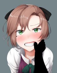 Rule 34 | 1girl, 1other, akigumo (kancolle), brown hair, commentary request, finger in another&#039;s mouth, green eyes, grey background, hair ribbon, highres, kantai collection, long hair, long sleeves, looking at viewer, mole, mole under eye, mouth pull, pleated skirt, ponytail, pov, ribbon, school uniform, shirt, simple background, skirt, sugamo (rainysnowy108), tearing up, teeth, white shirt