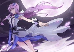 Rule 34 | 10s, 1girl, black neckwear, blue eyes, blue flower, blue rose, bow, brooch, cure moonlight, elbow gloves, flower, flower tact, gloves, heart, heart brooch, heartcatch precure!, jewelry, long hair, magical girl, moon, night, night sky, outstretched arm, petals, precure, purple hair, rose, single elbow glove, single glove, sky, solo, tsukikage yuri, waist bow, waxwa, wristband