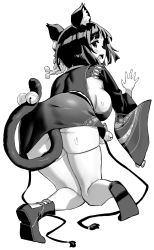 Rule 34 | 1girl, animal ear fluff, animal ears, azur lane, belt, bent over, black footwear, black hair, black kimono, breasts, cat tail, from behind, greyscale, highres, hori (hori no su), japanese clothes, kimono, looking at viewer, medium breasts, monochrome, official art, open mouth, short hair, sideboob, tail, yamashiro (azur lane)