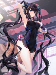 Rule 34 | 1girl, arm behind head, arm up, armpits, bare shoulders, black dress, blue eyes, blush, breasts, china dress, chinese clothes, detached sleeves, dress, fate/grand order, fate (series), hair ornament, highres, large breasts, leaf hair ornament, long hair, looking at viewer, purple hair, ririko (zhuoyandesailaer), side slit, sidelocks, smile, solo, thighs, twintails, very long hair, yang guifei (fate), yang guifei (second ascension) (fate)