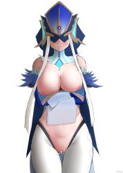 Rule 34 | 1girl, absurdres, arms under breasts, bar censor, black mask, blue gloves, blue headwear, blush, breasts, censored, cleavage, closed mouth, cowboy shot, detached collar, elbow gloves, eye mask, female focus, fur-trimmed gloves, fur trim, genshin impact, gloves, high collar, highres, inverted nipples, large breasts, mirror maiden (genshin impact), no bra, no panties, nude, pants, pussy, pussy juice, reverse outfit, solo, sweatdrop, thighs, white background, white pants, z282g