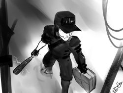 Rule 34 | 1boy, armor, backpack, bag, baseball bat, baseball cap, blame!, briefcase, cable, electricity, greyscale, hat, headset, lightning, male focus, monochrome, parody, randoseru, scout (tf2), solo, suitcase, team fortress 2, water