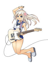 Rule 34 | 10s, 1girl, bad id, bad pixiv id, crop top, electric guitar, fender telecaster, flower, full body, guitar, hair flower, hair ornament, highres, instrument, jumping, kantai collection, one-piece tan, plectrum, ro-500 (kancolle), sailor collar, sandals, school swimsuit, solo, swimsuit, swimsuit under clothes, tan, tanline, tomo (tomojo 8)