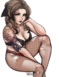 Rule 34 | 1girl, absurdres, aerith gainsborough, arm tattoo, bra, breasts, cleavage, final fantasy, final fantasy vii, fishnets, goth fashion, highres, jackary, large breasts, looking at viewer, medium breasts, smile, square enix, tattoo, underwear