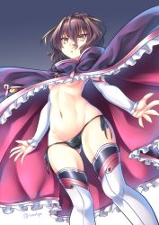 Rule 34 | 1girl, arms up, blush, breasts, brown hair, cameltoe, cape, commentary, elbow gloves, gloves, hair between eyes, looking at viewer, midriff, miyabi urumi, navel, no bra, open mouth, original, panties, short hair, sidelocks, small breasts, stomach, thighhighs, thighs, underwear, yellow eyes