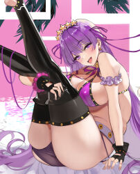 Rule 34 | 1girl, absurdres, bb (fate), bb (fate) (all), bb (swimsuit mooncancer) (fate), bb (swimsuit mooncancer) (second ascension) (fate), bead bracelet, beads, belt, bikini, black garter belt, blush, bracelet, breasts, commentary, earrings, english commentary, fate/grand order, fate (series), fingerless gloves, garter belt, gloves, hair ornament, hareno chiame, highres, jewelry, large breasts, long hair, looking at viewer, loose belt, micro shorts, open mouth, purple bikini, purple eyes, purple ribbon, ribbon, shorts, sitting, smile, solo, star (symbol), star earrings, star hair ornament, studded garter belt, swimsuit, white belt