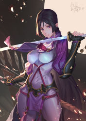 Rule 34 | 1girl, bodysuit, breasts, cowboy shot, dated, fate/grand order, fate (series), high collar, holding, holding sword, holding weapon, large breasts, li chunfu, long hair, looking at viewer, minamoto no raikou (fate), purple eyes, purple hair, smile, solo, sword, thighhighs, thighs, very long hair, weapon