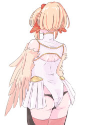 Rule 34 | 1girl, ass, back, bare shoulders, black panties, blonde hair, feathers, hair ribbon, harpy, highres, indie virtual youtuber, leotard, mavia (vtuber), merc&#039;her, monster girl, panties, red ribbon, ribbon, simple background, solo, thighhighs, underwear, virtual youtuber, white background, white leotard, winged arms, wings, yellow feathers, yellow wings
