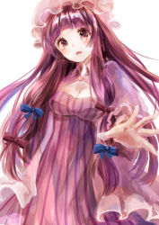 Rule 34 | 1girl, blue bow, blue ribbon, bow, breasts, cleavage, dress, female focus, hair ribbon, hat, kashiwagi chisame, large breasts, long hair, long sleeves, looking at viewer, mob cap, outstretched hand, pajamas, patchouli knowledge, purple eyes, purple hair, red bow, red ribbon, ribbon, simple background, solo, striped clothes, striped dress, touhou, upper body, vertical-striped clothes, vertical-striped dress, very long hair, white background