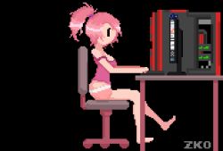 Rule 34 | 1girl, animated, animated gif, bad id, bad tumblr id, bare shoulders, barefoot, black background, bouncing breasts, breasts, breasts out, camisole, chair, clothes lift, computer, crystal (lewd-zko), desk, drooling, feet, female focus, female masturbation, female orgasm, from side, full body, grabbing own breast, hand in panties, hand under clothes, high ponytail, hypnosis, lewd-zko, looping animation, masturbation, md5 mismatch, medium breasts, midriff, mind control, monitor, nipples, orgasm, original, panties, pink hair, pink panties, pixel art, ponytail, purple shirt, saliva, shirt, shirt lift, short shorts, shorts, simple background, sitting, solo, strap slip, table, underwear, undressing, zko