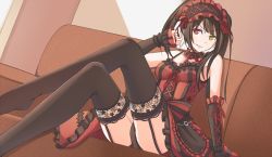 Rule 34 | 10s, 1girl, black panties, black thighhighs, brown hair, choker, collarbone, couch, crossed legs, date a live, garter belt, garter straps, hairband, heterochromia, keikei (kitty colors), legs, lingerie, lolita fashion, lolita hairband, long hair, long legs, md5 mismatch, panties, red eyes, resolution mismatch, sitting, smile, solo, source smaller, thighhighs, thighs, tokisaki kurumi, twintails, underwear, yellow eyes