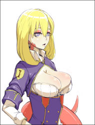 Rule 34 | 1girl, black border, blonde hair, border, breasts, cleavage cutout, clothing cutout, collared shirt, commentary, english commentary, eyeshadow, icti (materclaws), jacket, lamia, large breasts, looking at viewer, makeup, materclaws, medium hair, monster girl, original, parted lips, purple eyes, scales, shirt, simple background, solo, upper body, white background, white shirt, wing collar