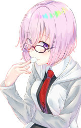 Rule 34 | 1girl, black-framed eyewear, black dress, closed mouth, collared dress, dress, eyes visible through hair, fate/grand order, fate (series), food, glasses, hair over one eye, highres, jacket, long sleeves, looking at viewer, marshmallow, mash kyrielight, necktie, open clothes, open jacket, pink hair, red necktie, shisuo, short hair, simple background, smile, solo, tareme, upper body, white background, white jacket, wing collar