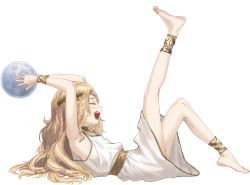 Rule 34 | 1boy, agemmata, anklet, armpits, arms up, barefoot, blonde hair, braid, choker, circlet, closed eyes, closed mouth, dress, elden ring, fingernails, gold choker, highres, holding, jewelry, laughing, laurel crown, leg up, long hair, lying, male focus, miquella (elden ring), moon, nail polish, on back, pink nails, simple background, smile, solo, teeth, tongue, transparent background, white background, white dress