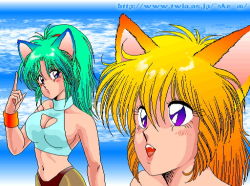 Rule 34 | 2girls, akira m, animal ears, blonde hair, blue eyes, blue shirt, blush, breasts, brown pants, cat ears, cat girl, cat tail, cleavage, cleavage cutout, clothing cutout, cloud, fangs, green hair, index finger raised, large breasts, long hair, midriff, multiple girls, navel, open mouth, pants, parted lips, ponytail, purple eyes, shirt, short hair, sky, sleeveless, sleeveless shirt, standing, tail, teeth, wristband