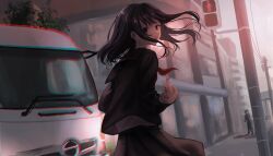 Rule 34 | 1girl, 3others, absurdres, ascot, black eyes, black hair, black serafuku, black shirt, black skirt, chromatic aberration, city, floating hair, from behind, highres, hino (brand), isekai truck, kyano (kyanora3141), lamppost, looking at viewer, motor vehicle, multiple others, open mouth, original, outdoors, pedestrian lights, peril, pleated skirt, red ascot, school uniform, semi truck, serafuku, shirt, skirt, solo focus, standing, traffic light, truck, upper body, white undershirt