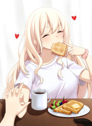 Rule 34 | 2girls, blonde hair, blueberry, blush, bread, bread slice, breasts, butter, cat tail, child (isoliya), closed eyes, coffee mug, cup, curtains, food, fruit, heart, highres, holding hands, long hair, medium breasts, messy hair, mouth hold, mug, multiple girls, myndi, original, plate, pointing, pointing at self, scrunchie, shirt, simple background, smile, steam, table, tail, toast, vegetable, white shirt