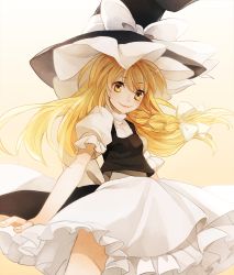 Rule 34 | 1girl, apron, black hat, black skirt, blonde hair, bow, braid, frilled hat, frilled skirt, frills, hair bow, hat, hat bow, highres, kirisame marisa, long hair, looking at viewer, puffy sleeves, q-chiang, ribbon, side braid, skirt, smile, solo, touhou, white bow, witch, witch hat, yellow eyes