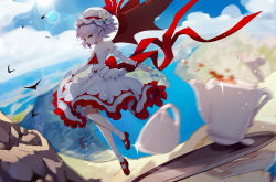 Rule 34 | 2girls, adapted costume, ascot, bare shoulders, bat wings, blue sky, blurry, blurry foreground, brooch, chinese commentary, cloud, commentary request, cup, day, detached sleeves, dress, flower, full body, hat, hat flower, hat ribbon, highres, holding, holding tray, izayoi sakuya, jewelry, juliet sleeves, leidami, lens flare, long sleeves, mary janes, mob cap, multiple girls, out of frame, outdoors, pointy ears, puffy sleeves, red ascot, red eyes, red footwear, red ribbon, remilia scarlet, ribbon, rock, shoes, silver hair, sky, socks, solo focus, sparkle, spoon, sun, teacup, teapot, touhou, tray, white dress, white flower, white headwear, white legwear, wings