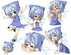 Rule 34 | &gt; &lt;, 1girl, :&gt;, = =, ^^^, beihan, blue eyes, blue hair, blush, bow, cirno, closed eyes, embarrassed, embodiment of scarlet devil, expressions, fang, hair bow, hand up, ice, ice wings, juliet sleeves, kokka han, long sleeves, o o, outstretched arms, puffy sleeves, ribbon, shoes, simple background, socks, spread arms, surprised, surprised arms, tears, touhou, wings