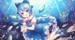 Rule 34 | 3girls, :d, ahoge, animal, blue bow, blue dress, blue eyes, blue footwear, blue hair, blue wings, blush, bow, cirno, coa (chroo x), collared shirt, commentary request, daiyousei, day, detached wings, dress, fairy, fins, fish, frilled dress, frilled shirt collar, frills, green hair, green kimono, hair between eyes, hair bow, head fins, highres, ice, ice wings, japanese clothes, kimono, looking at viewer, mary janes, mermaid, monster girl, multiple girls, neck ribbon, one side up, open mouth, outdoors, pleated dress, puffy short sleeves, puffy sleeves, red ribbon, ribbon, shirt, shoes, short sleeves, sleeveless, sleeveless dress, smile, socks, sunlight, touhou, underwater, wakasagihime, water, white legwear, white shirt, wings, yellow bow