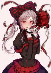 Rule 34 | 1girl, :d, bad id, bad pixiv id, beige background, black dress, blood, blood splatter, blurry, blurry background, blush, bow, breasts, dress, frilled dress, frilled sleeves, frills, gloves, hair bow, hairband, hand on own chest, hands on own chest, hands up, heart (organ), hplay, lolita hairband, long hair, long sleeves, looking at viewer, medium breasts, neck ribbon, open mouth, overlord (maruyama), parted bangs, ponytail, red eyes, red ribbon, ribbon, shalltear bloodfallen, sidelocks, simple background, smile, solo, striped, striped bow, tsurime, white gloves