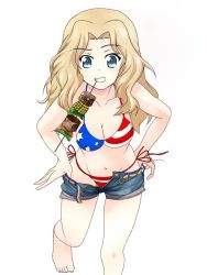 Rule 34 | 10s, 1girl, american flag bikini, apachai k, barefoot, bikini, bikini under clothes, blonde hair, blue eyes, blue footwear, breasts, cleavage, commentary, cutoffs, denim, denim shorts, flag print, food, girls und panzer, grin, hair intakes, kay (girls und panzer), kebab, leg up, long hair, looking at viewer, medium breasts, mouth hold, multicolored stripes, navel, open clothes, open shorts, puffy short sleeves, puffy sleeves, pulled by self, shishkebab, short shorts, short sleeves, shorts, side-tie bikini bottom, simple background, smile, solo, standing, standing on one leg, striped, striped belt, swimsuit, unzipped, white background