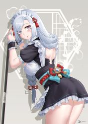 Rule 34 | 1girl, alternate costume, ass, bare back, black dress, blue nails, blush, breasts, chinese commentary, commentary request, cowboy shot, dress, enmaided, genshin impact, grey background, grey eyes, grey hair, hair ribbon, hands up, highres, large breasts, linreplica, long hair, looking at viewer, maid, maid headdress, nail polish, petticoat, pink lips, puffy sleeves, red ribbon, ribbon, shenhe (genshin impact), short dress, smile, solo, standing, swept bangs, thighs, very long hair, wrist cuffs
