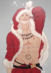 Rule 34 | 1boy, abs, bara, bare pectorals, beard, chest tattoo, christmas, clothes pull, cowboy shot, facial hair, fur-trimmed jacket, fur trim, goatee, hat, head tilt, holding, holding sack, i reibun, jacket, looking at viewer, male focus, mature male, medium hair, muscular, muscular male, mustache, navel, navel hair, nipples, no male underwear, old, old man, open clothes, open fly, open jacket, original, pants, pants pull, pectorals, red jacket, sack, santa costume, santa hat, solo, stomach, stomach tattoo, tattoo, white hair