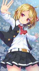 Rule 34 | 1girl, belt, belt buckle, black skirt, black vest, blonde hair, blush, buckle, closed mouth, collared shirt, commentary request, dress shirt, hair ribbon, highres, long sleeves, looking at viewer, open clothes, open vest, outstretched arms, pleated skirt, red eyes, red ribbon, ribbon, rumia, shirt, skirt, smile, solo, spread arms, touhou, uumaru, v-shaped eyebrows, vest, white belt, white shirt