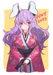 Rule 34 | 1girl, 2023, alternate costume, animal ears, breasts, chiroru (cheese-roll), closed mouth, commentary, english commentary, finger on trigger, gun, hair between eyes, happy new year, highres, holding, holding gun, holding weapon, japanese clothes, kimono, large breasts, long sleeves, looking at viewer, new year, obi, obijime, parted lips, pink eyes, rabbit ears, rabbit girl, red kimono, reisen udongein inaba, right-over-left kimono, sash, solo, touhou, upper body, weapon, wide sleeves, yellow background