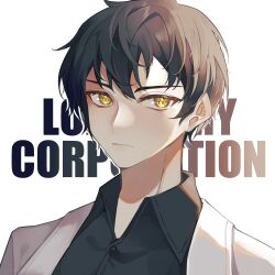 Rule 34 | 1boy, ayin (project moon), black hair, black shirt, buttons, closed mouth, coat, collared shirt, copyright name, highres, lab coat, lobotomy corporation, male focus, portrait, project moon, shirt, simple background, solo, to ame ha yaiba, white background, white coat, wing collar, yellow eyes
