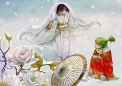 1boy 1girl bad_id bad_pixiv_id bob_cut brown_hair cat eye_contact faux_traditional_media flower green_hair highres japanese_clothes kimono kuroda_kuroko looking_at_another magnolia md5_mismatch obi oil-paper_umbrella original resolution_mismatch sash short_hair umbrella