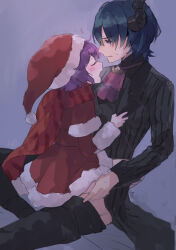 Rule 34 | 1boy, 1girl, ^^^, alternate costume, artist name, ascot, bernadetta von varley, bernadetta von varley (winter), black suit, blue eyes, blue hair, blush, byleth (fire emblem), byleth (male) (fire emblem), byleth (male) (halloween) (fire emblem), closed eyes, commentary request, dress, fire emblem, formal, fur-trimmed dress, fur-trimmed sleeves, fur trim, hair between eyes, hand on another&#039;s chest, hand on another&#039;s leg, hand on another&#039;s thigh, hat, hetero, horns, implied sex, long sleeves, looking at another, nintendo, official alternate costume, open mouth, pants, parted lips, pink ascot, pom pom (clothes), purple hair, santa dress, santa hat, scarf, short hair, striped clothes, suit, tefutene, vertical-striped clothes
