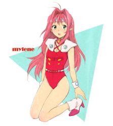 Rule 34 | 1990s (style), 1girl, :o, ankle boots, antenna hair, bad id, bad pixiv id, bare legs, belt, boots, breasts, character name, choujikuu yousai macross, cleavage cutout, clothing cutout, coeda, collar, criss-cross halter, forehead protector, full body, gem, green eyes, hair intakes, halterneck, headband, high heel boots, high heels, kneeling, legs, leotard, long hair, long legs, macross, macross 7, mylene jenius, open mouth, pink hair, pointy ears, retro artstyle, shoulder pads, small breasts, studio nue, very long hair, wristband