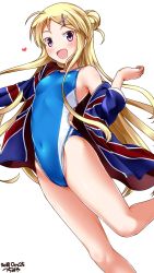 Rule 34 | 1girl, arched back, armpits, arms at sides, bare legs, blonde hair, blush, breasts, commentary request, competition swimsuit, covered navel, cowboy shot, dated, hair bun, hair ornament, hairclip, highleg, highleg swimsuit, highres, jacket, kin-iro mosaic, kujou karen, long hair, looking at viewer, one-piece swimsuit, open clothes, open jacket, open mouth, purple eyes, sidelocks, signature, simple background, single bare shoulder, single hair bun, small breasts, swimsuit, thighs, tsuchimiya, union jack, white background, x hair ornament
