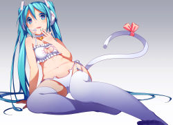 Rule 34 | 1girl, :p, aqua eyes, aqua hair, arm support, bare shoulders, bell, blush, bra, breasts, cat ear panties, cat lingerie, cat tail, cleavage cutout, clothing cutout, collar, foreshortening, gradient background, hatsune miku, headset, heart, heart-shaped pupils, highres, jingle bell, long hair, looking at viewer, meme attire, navel, neck bell, panties, ring (1079882045), side-tie panties, sitting, smile, solo, symbol-shaped pupils, tail, thighhighs, tongue, tongue out, twintails, underwear, underwear only, very long hair, vocaloid, white bra, white panties, white thighhighs