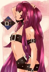 Rule 34 | 1girl, arc the lad, belt bra, blush, breasts, brown eyes, cleavage, collar, heart, heart background, highres, long hair, looking at viewer, marusa (marugorikun), navel, open mouth, red hair, small breasts, solo, spiked collar, spikes, trois (arc the lad)