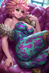 Rule 34 | 1girl, ashido mina, ass, bare shoulders, black sclera, blurry, blurry background, boku no hero academia, breasts, brown footwear, cameltoe, collarbone, colored sclera, colored skin, commentary, couch, english commentary, feather boa, fur trim, green unitard, highres, horns, large breasts, mixed-language commentary, neoartcore, on couch, paid reward available, patreon username, pink hair, pink nails, pink skin, short hair, solo, teeth, thai commentary, two-tone unitard, white mask, yellow eyes