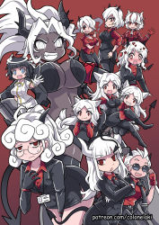 6+girls, all fours, animal ears, arm under breasts, azazel (helltaker), bangs, bare arms, beelzebub (helltaker), big hair, black hair, black horns, black miniskirt, black suit, black tail, blue eyes, blunt bangs, blush, boots, bow, bowtie, breasts, cerberus (helltaker), choker, cigarette, closed mouth, colonel aki, crossed arms, dark skin, dark skinned female, demon girl, demon horns, demon tail, dog ears, dog girl, eyebrows visible through hair, fang, fang out, fingerless gloves, formal, glasses, gloves, hair over one eye, halo, heart, heart-shaped pupils, helltaker, holding, holding cigarette, horns, jacket, jacket on shoulders, jewelry, judgement (helltaker), justice (helltaker), kneeling, long hair, long sleeves, looking at viewer, lucifer (helltaker), malina (helltaker), miniskirt, modeus (helltaker), mouth piercing, multicolored hair, multiple girls, necklace, nose blush, open clothes, open jacket, open mouth, pandemonica (helltaker), pant suit, pants, pencil skirt, piercing, red eyes, red hair, red shirt, ringed eyes, shirt, short hair, short sleeves, sidelocks, skirt, smoke, smoking, stomach, suit, suit jacket, sunglasses, sweater, symbol-shaped pupils, tail, triplets, two-tone hair, vest, watermark, wavy mouth, web address, white eyes, white hair, white horns, wide-eyed, zdrada (helltaker)