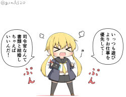 Rule 34 | 1girl, angry, armband, black thighhighs, blonde hair, blue jacket, chibi, closed eyes, commentary request, crescent, crescent pin, full body, goma (yoku yatta hou jane), handheld game console, holding, holding handheld game console, jacket, kantai collection, long hair, neckerchief, nintendo switch, open mouth, satsuki (kancolle), satsuki kai ni (kancolle), school uniform, serafuku, simple background, solo, standing, thighhighs, translated, twintails, twitter username, white background, yellow neckerchief