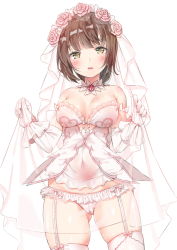 Rule 34 | 1girl, agnamore, bad id, bad pixiv id, bare shoulders, blush, breasts, bridal veil, brown eyes, brown hair, commentary request, detached sleeves, flower, frilled panties, frills, garter straps, gloves, gluteal fold, hair flower, hair ornament, hands up, highres, long sleeves, looking at viewer, medium breasts, original, panties, parted lips, pink flower, pink rose, rose, see-through, short hair, simple background, skindentation, solo, strapless, thighhighs, underwear, veil, white background, white gloves, white panties, white sleeves, white thighhighs
