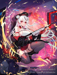 Rule 34 | 1girl, armband, assault rifle, bare shoulders, beret, black footwear, black hat, black jacket, boots, breasts, closed mouth, detached collar, double bun, fire, gloves, grey thighhighs, gun, hair bun, hat, high-waist skirt, highres, holding, holding gun, holding weapon, jacket, lace trim, large breasts, long hair, long sleeves, looking at viewer, multicolored hair, natsuiro xx, necktie, off shoulder, official art, on one knee, open clothes, open jacket, red eyes, red gloves, red skirt, rifle, shirt, side slit, sideboob, skirt, sleeveless, sleeveless shirt, solo, streaked hair, thigh strap, thighhighs, thighs, v-shaped eyebrows, very long hair, weapon, white hair, white shirt, z/x