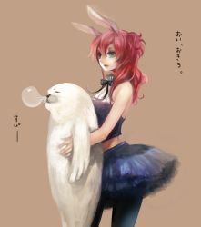 Rule 34 | 1girl, animal ears, aqua eyes, bare shoulders, bow, bowtie, brown background, halterneck, highres, holding, lips, midriff, nicole pmonachi, nose bubble, original, pantyhose, rabbit ears, red hair, seal (animal), simple background, skirt, sleeping, sleeveless, standing, text focus, two side up