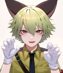 Rule 34 | 1boy, absurdres, animal ears, armband, axescr, bishounen, black necktie, brown eyes, cat ears, claw pose, commentary, gloves, hair between eyes, hellsing, highres, looking at viewer, male focus, military uniform, nazi, necktie, open mouth, red armband, schroedinger (hellsing), short hair, simple background, solo, teeth, uniform, upper body, white background, white gloves