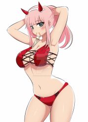 Rule 34 | 1girl, armpits, azmi yudista, bikini, blue eyes, bra, breasts, cleavage, closed mouth, cowboy shot, darling in the franxx, highres, horns, lace, lace bra, large breasts, long hair, looking at viewer, medium breasts, midriff, navel, pink hair, simple background, solo, standing, swimsuit, thighhighs, tying hair, underwear, watermark, white background, zero two (darling in the franxx)